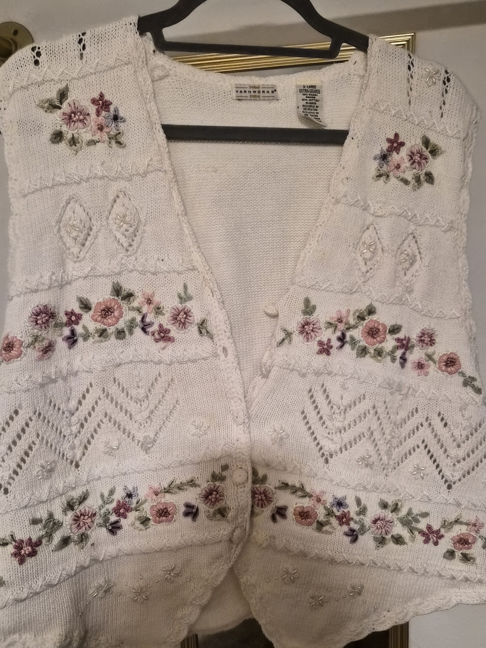 White Floral Embroidered Knit Vest by Yarn Works
